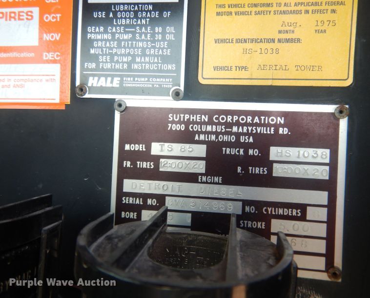 image for item DJ1299 1975 Sutphen TS85  aerial platform fire truck