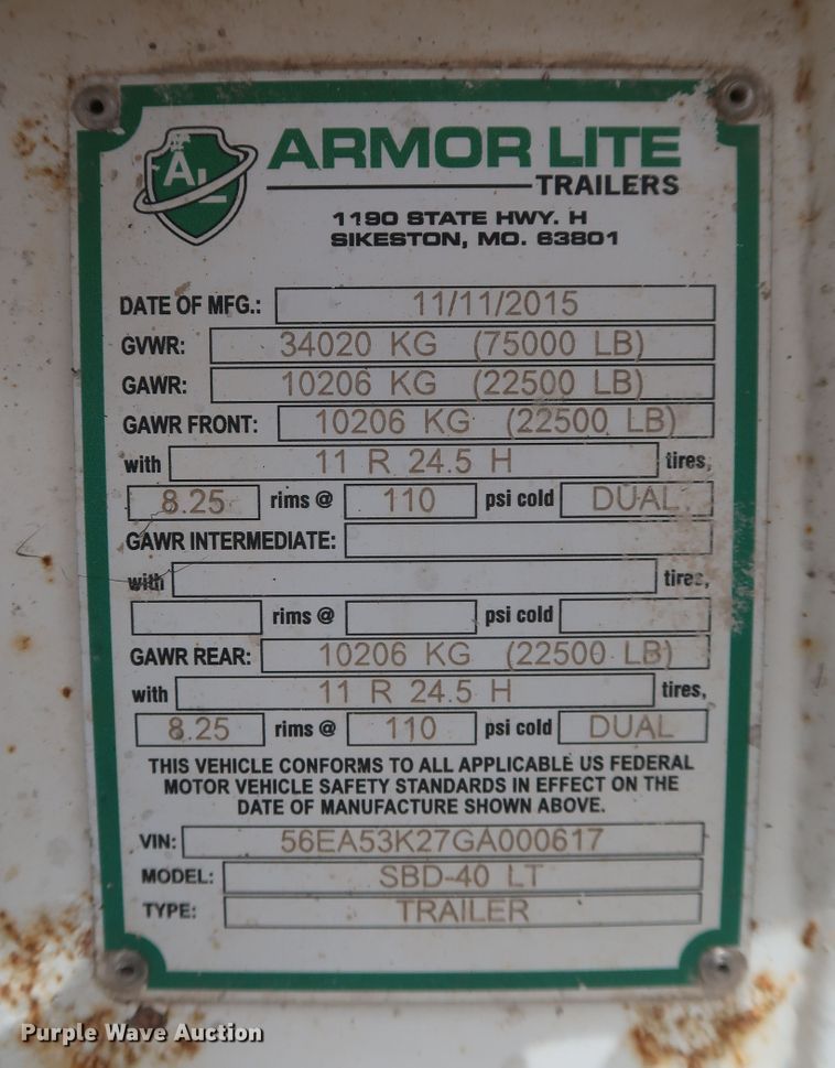 image for item DK3491 2016 Armor Lite SBD-40LT  bottom dump trailer