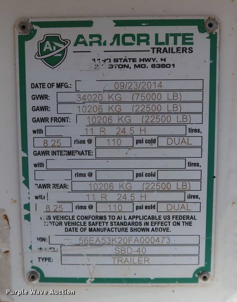 image for item DK3493 2015 Armor Lite SBD-40  bottom dump trailer