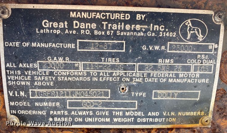 image for item DM4084 1988 Great Dane GCD-2  trailer dolly