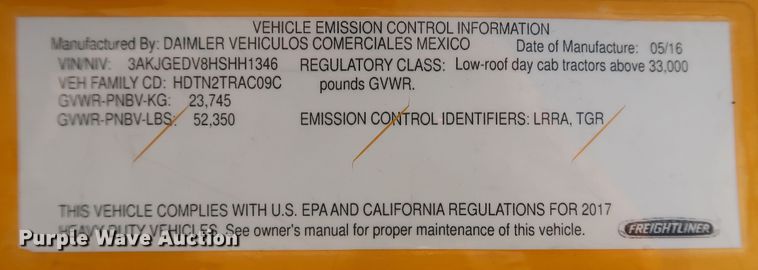 image for item KR9818 2017 Freightliner Cascadia 125  semi truck