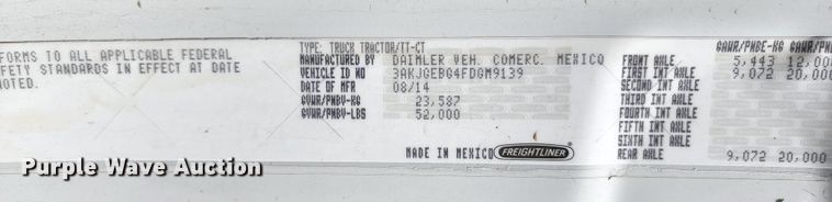 image for item KT9857 2015 Freightliner Cascadia  semi truck