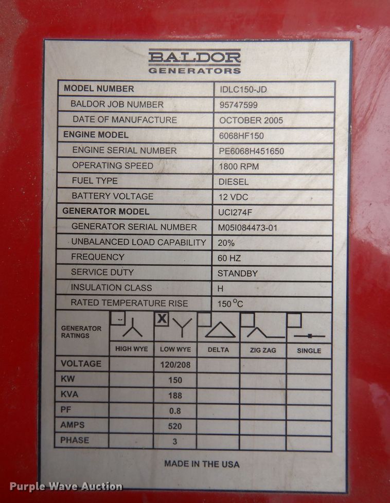 image for item DJ0816 2005 Baldor IDLC150-JD  generator