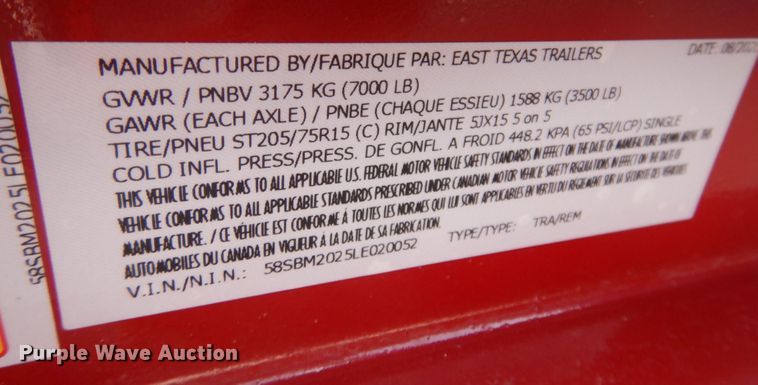 image for item DM5428 2020 East Texas  equipment trailer