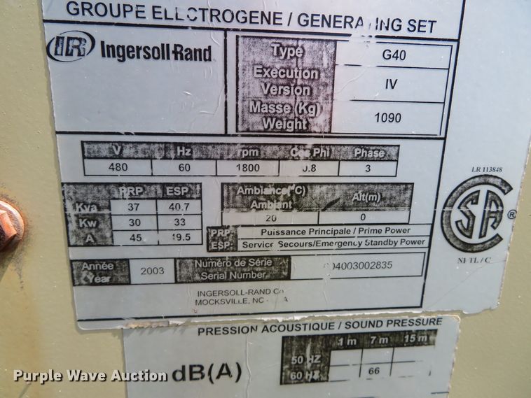 image for item DN7968 2003 Ingersoll Rand G40 IV  generator