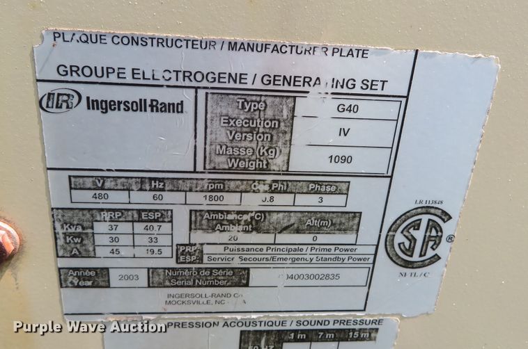image for item DN7968 2003 Ingersoll Rand G40 IV  generator