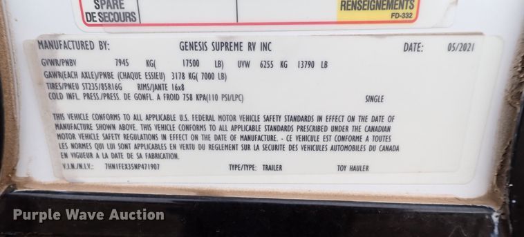 image for item JO9675 2022 Genesis Supreme 40CRXL  toy hauler camper