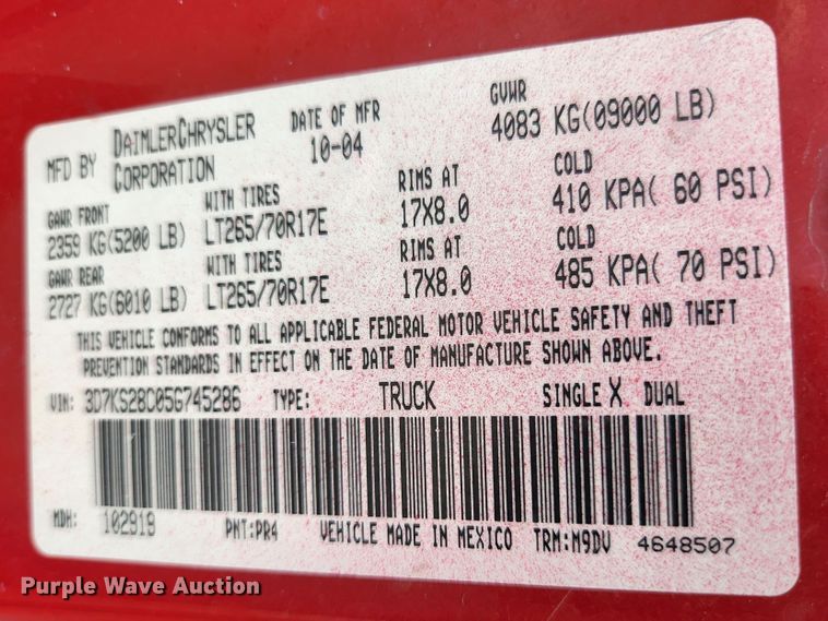 image for item KE9729 2005 Dodge Ram 2500HD SLT  Quad Cab pickup truck