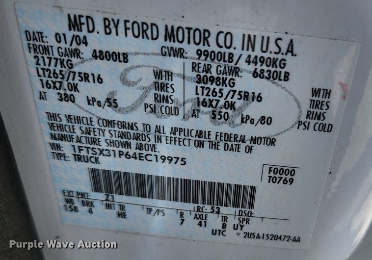 image for item KE9877 2004 Ford F350 Super Duty XL  SuperCab pickup truck