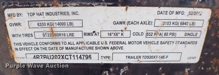 image for item MF9332 2012 Top Hat TDS20X7-14E-F  tilt deck equipment trailer