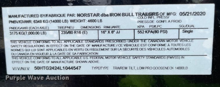 image for item MJ9659 2020 Norstar  tilt deck equipment trailer