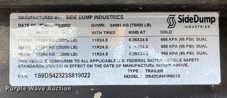 image for item DN7370 2003 Side Dump Industries DS42CAH1R6C12  side dump trailer
