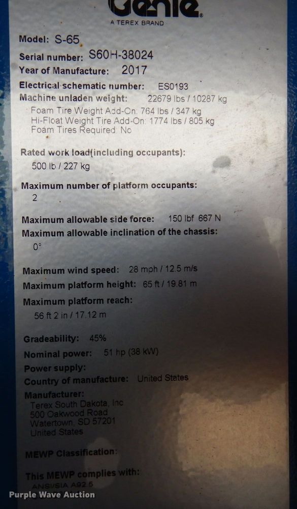 image for item DR0336 2017 Genie S-65  boom lift