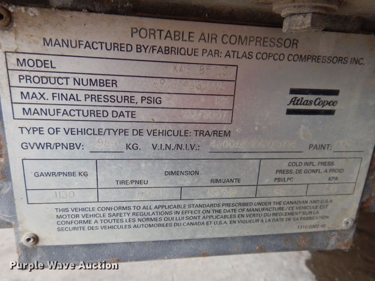 image for item KN9957 2007 Atlas Copco XAS 185  air compressor