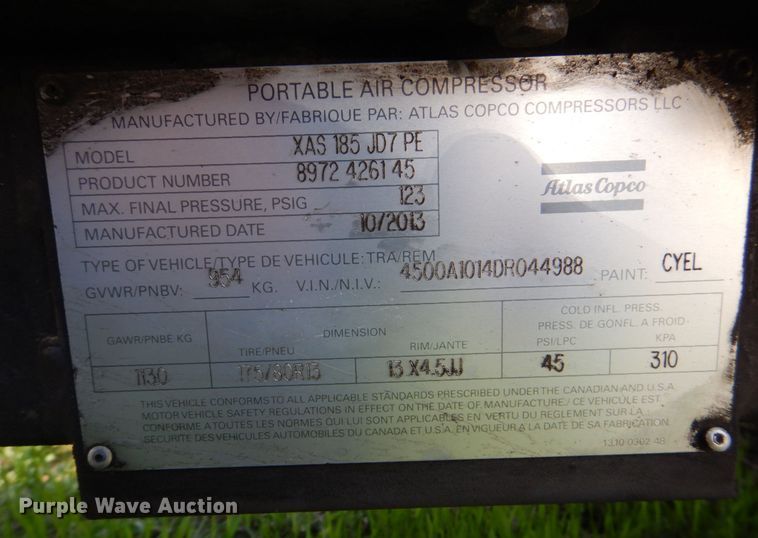 image for item MF9056 2014 Atlas Copco XAS185  air compressor
