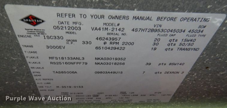 image for item DM7322 2003 Spartan VA41M-2142  pumper fire truck