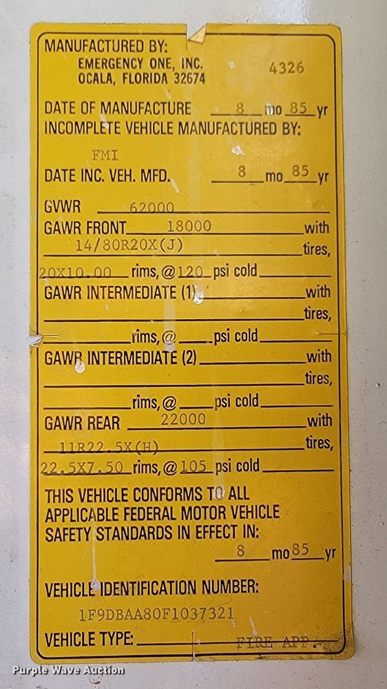 image for item JL9579 1985 Federal Motors Emergency One  pumper fire truck