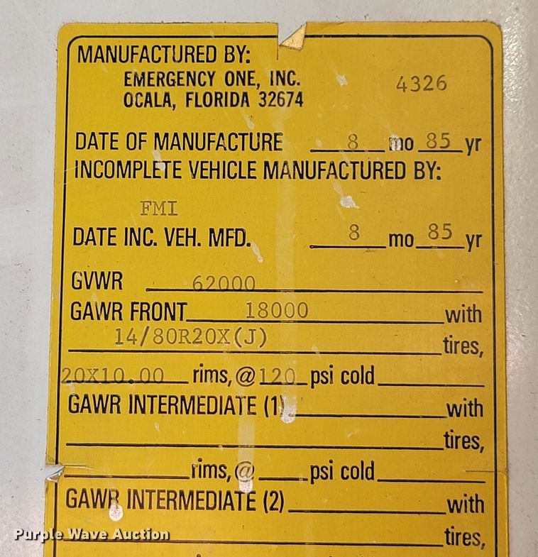 image for item JL9579 1985 Federal Motors Emergency One  pumper fire truck