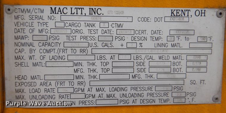 image for item DK1998 2014 Mac LTT Inc  tank trailer