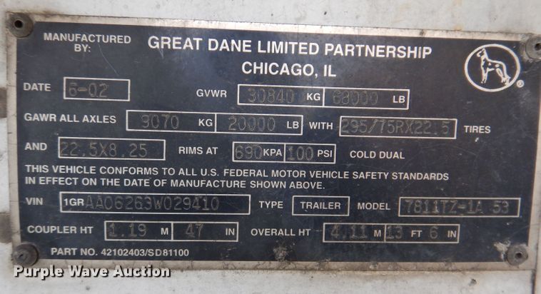 image for item DK2000 2003 Great Dane 7811TZ-1A 53  refrigerated van trailer