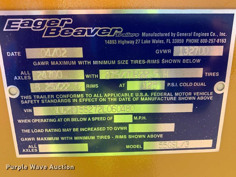 image for item DK3686 2002 Eager Beaver 55GSL  lowboy equipment trailer