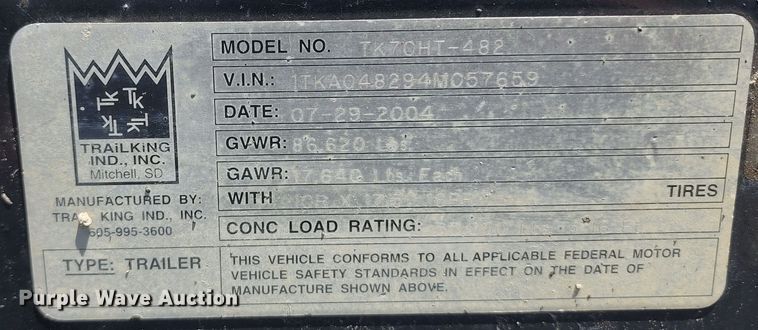 image for item KF9003 2004 Trail King TK70HT-482  equipment trailer
