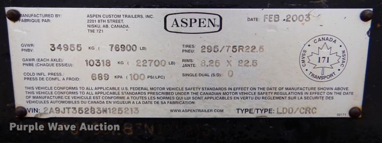 image for item LS9092 2003 Aspen  lowboy equipment trailer