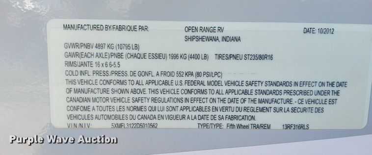 image for item DN6802 2013 Open Range 13RF316RLS  camper