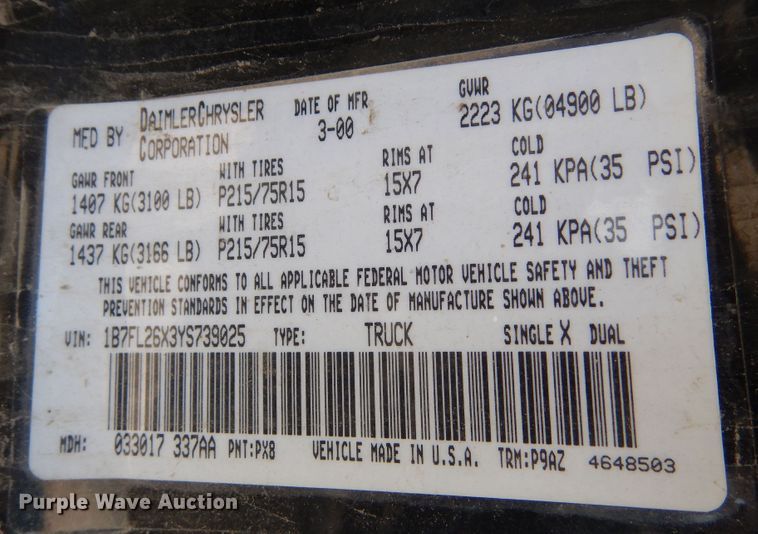 image for item DR1178 2000 Dodge Dakota  pickup truck