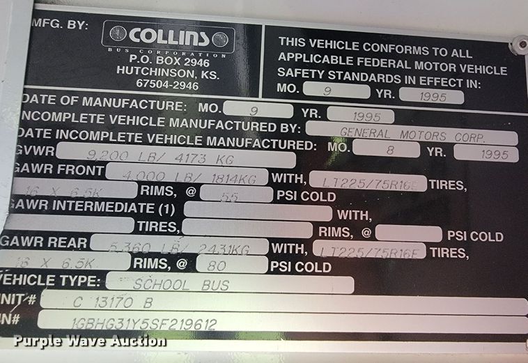 image for item JL9442 1995 Chevrolet G30  school bus