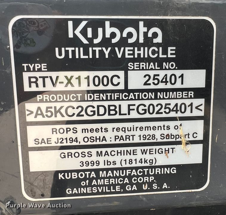 image for item KG9739 2016 Kubota RTV-X1100C  utility vehicle