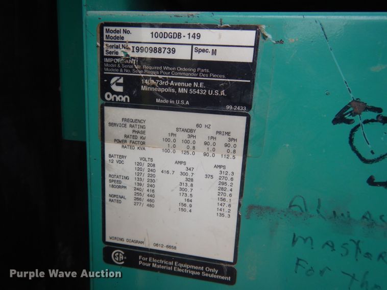 image for item DJ1315 Onan 100DGDB  generator