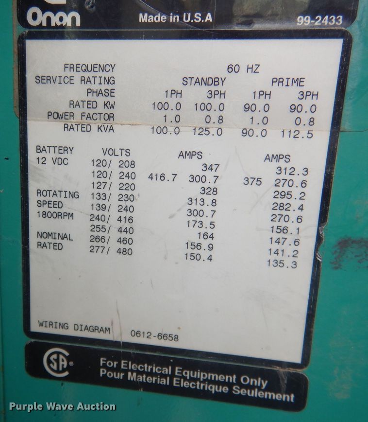 image for item DJ1315 Onan 100DGDB  generator