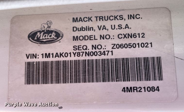 image for item DJ5146 2007 Mack CXN612  dump truck