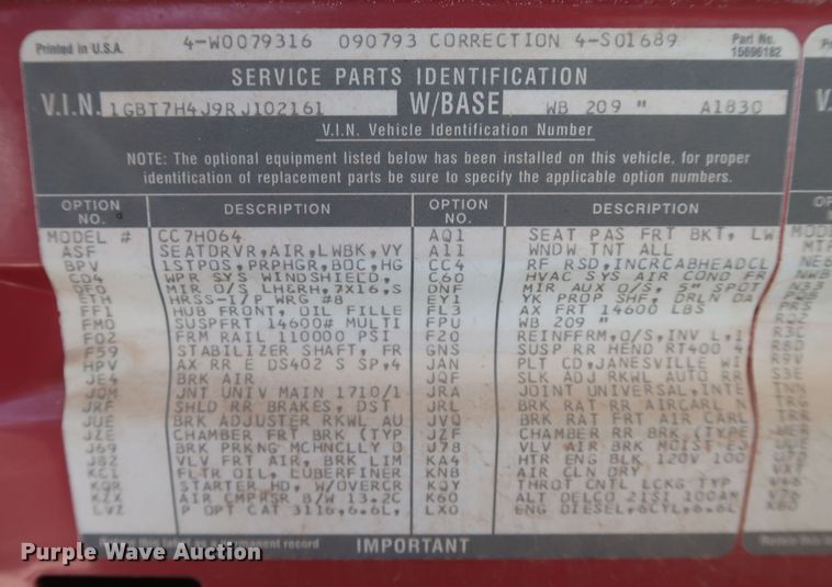 image for item DK3702 1994 Chevrolet Kodiak C6500  dump truck