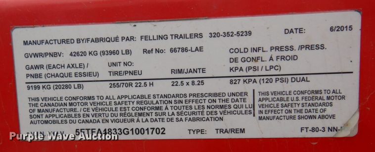 image for item DR0363 2016 Felling FT-80-3NNHX  equipment trailer