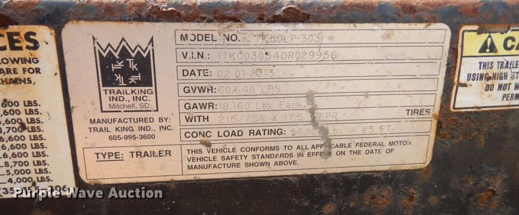 image for item DR0385 2013 Trail King TK50LP-303  equipment trailer