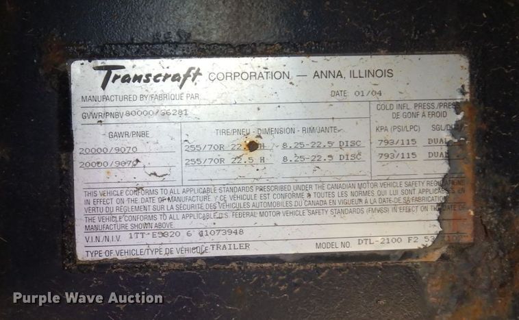 image for item DR0437 2004 Transcraft DTL-2100  drop deck equipment trailer