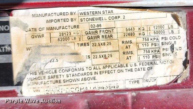 image for item KC9497 1996 Western Star 4964S  vacuum truck