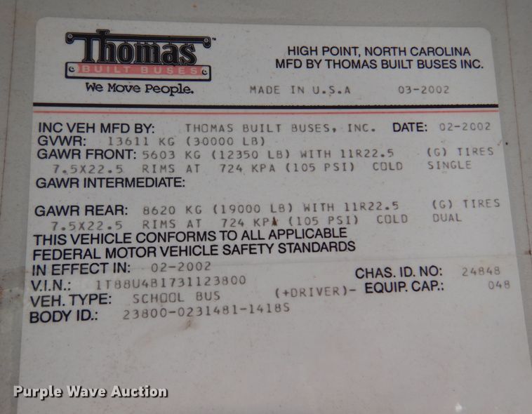 image for item DK0957 2003 Thomas Built  school bus