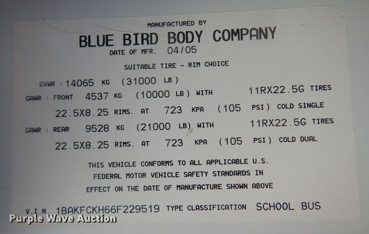 image for item DN0297 2006 Blue Bird Vision  school bus