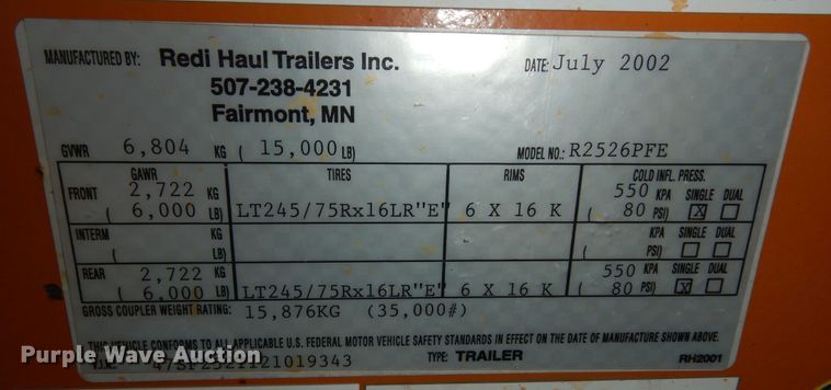image for item DN1555 2002 Redi Haul  equipment trailer