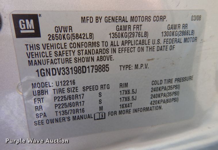 image for item DN1558 2008 Chevrolet Uplander LT  van