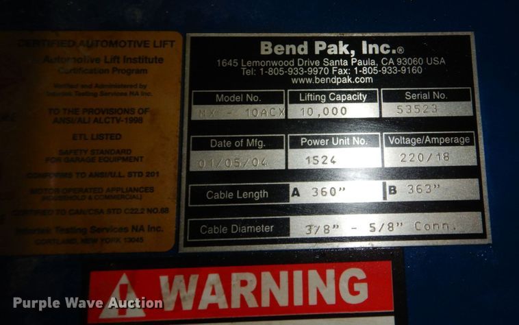 image for item DN7481 2004 Bend Pak MX-10ACX  two post automotive lift