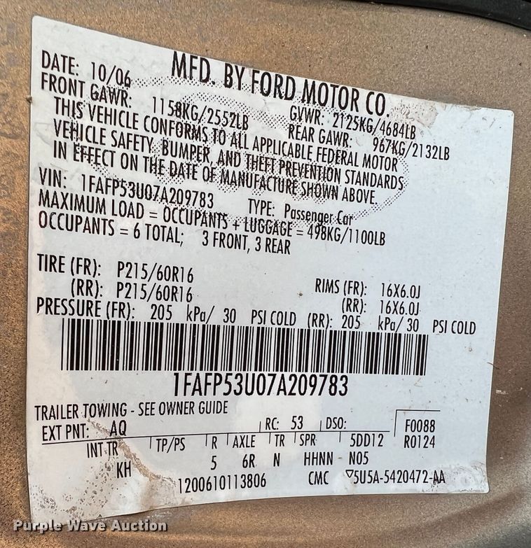 image for item DR1417 2007 Ford Taurus