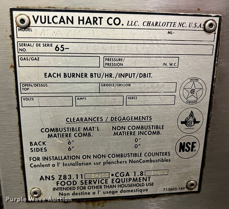 image for item HL9028 Vulcan Hart MSA72-1  griddle