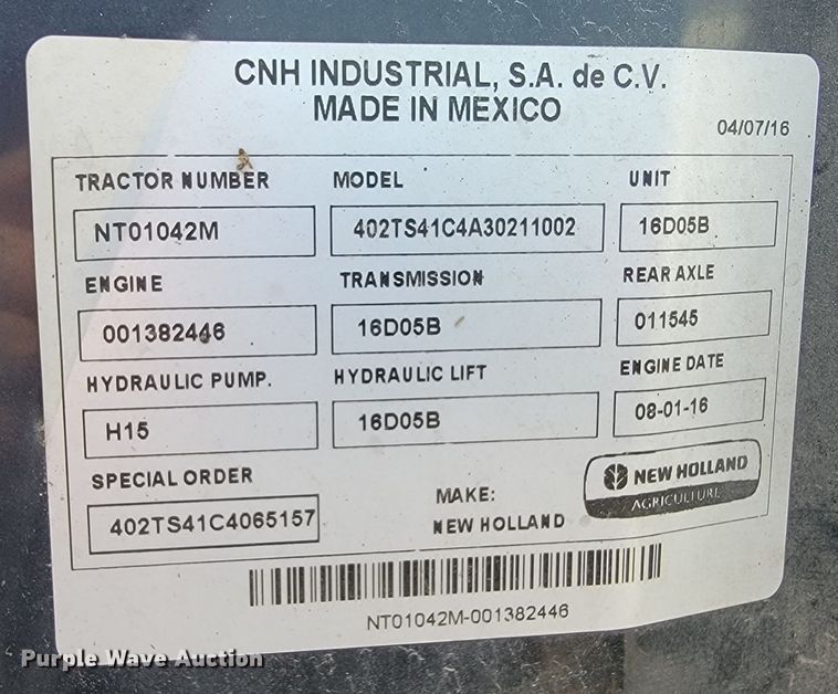 image for item JL9468 2016 New Holland TS6.110  MFWD tractor