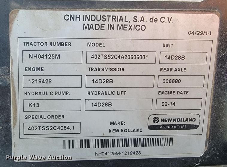 image for item JL9469 2014 New Holland TS6.120  MFWD tractor