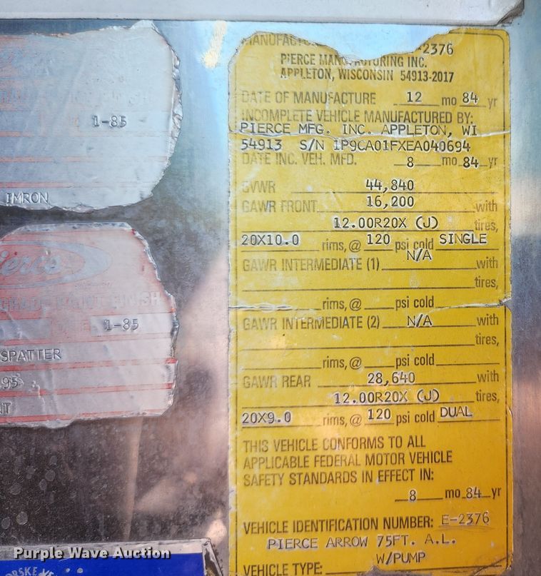 image for item JM9067 1985 Pierce Arrow  aerial platform fire truck