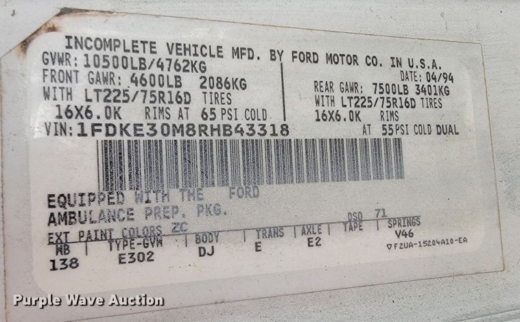 image for item KQ9084 1994 Ford Econoline E350  ambulance